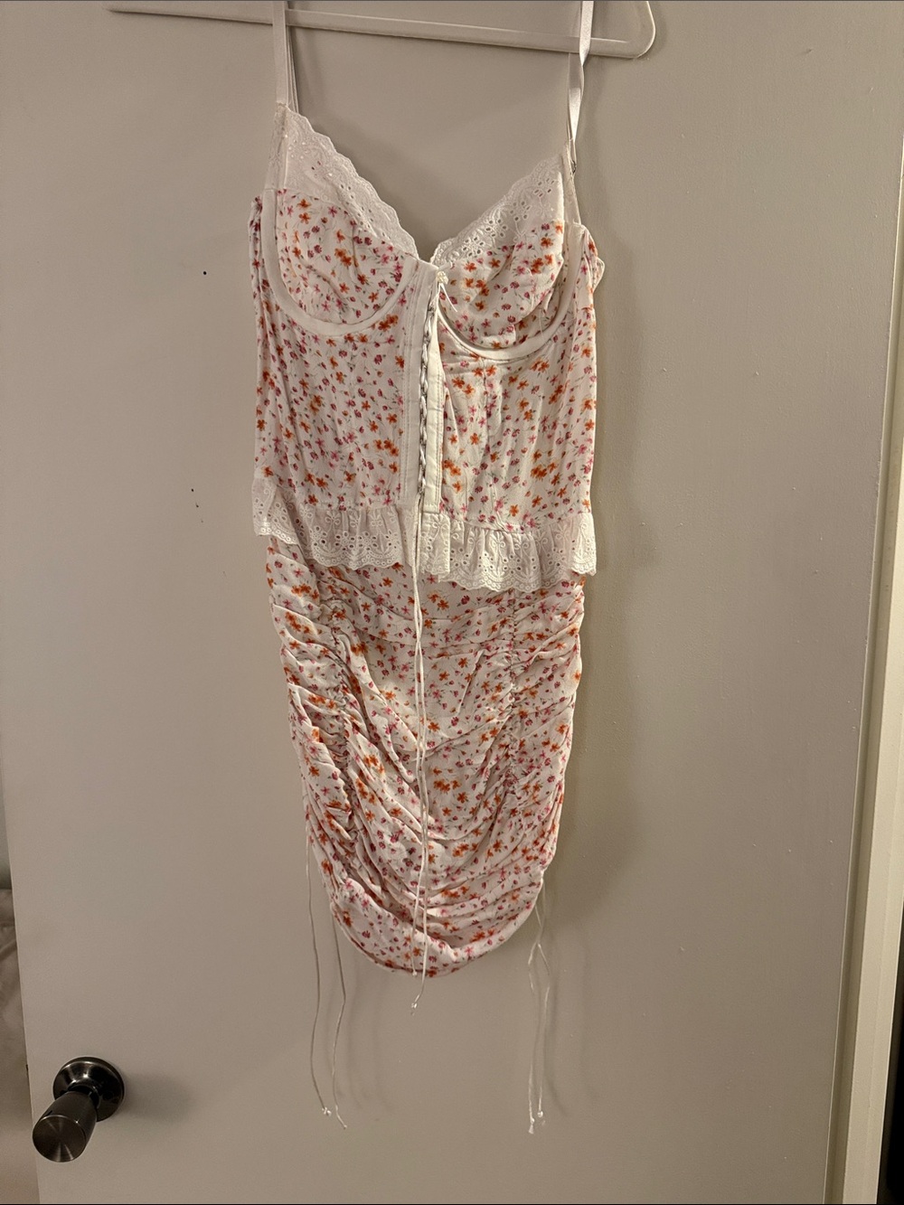 SKY TO MOON White Floral Lace Ruched Slip Dress